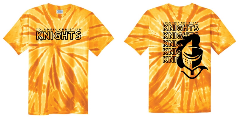 Product Description: Represent the Knights with our new tie-dye shirts! </br></br>Show off your school spirit with bursting goldenswirlsand a fun twist! </br></br>Sizes and quantities are limited so get yours today! </br></br>Shipping is not available at this time. Purchaser must be willing to pick up from the main office during business hours.</br> Gold Tie-Dye T-Shirt