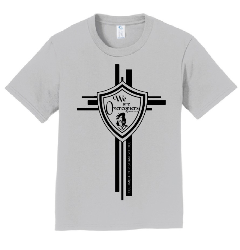 Product Description: Celebrate Columbia's "Overcomers" theme with our comfy T-Shirts!</br></br>Made with soft 100% cotton. </br></br>Sizes and quantities are limited so get yours today!</br></br>Scripture printed on the back is from Romans 12:21 "Do not be overcome by evil, but overcome evil with good."</br></br>Shipping is not available at this time. Purchaser must be willing to pick up from the main office during school hours.</br> "Overcomers" Silver T-Shirt
